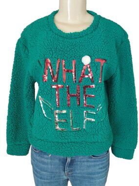 Wallflower What The Elf Ugly Christmas Sweater Green Sherpa Pullover Large NWT